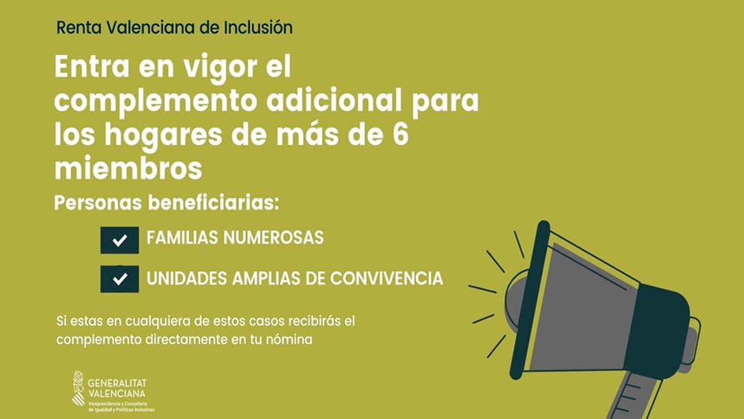 Ya está en vigor el complemento adicional de la Renta Valenciana de Inclusión
